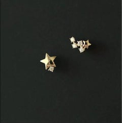 14K Solid Gold Japanese Asymmetric Star Stud Earrings Women Modern Diamond Studs