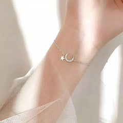 14K Solid Gold Korean Star Moon Elegant Chain Bracelet