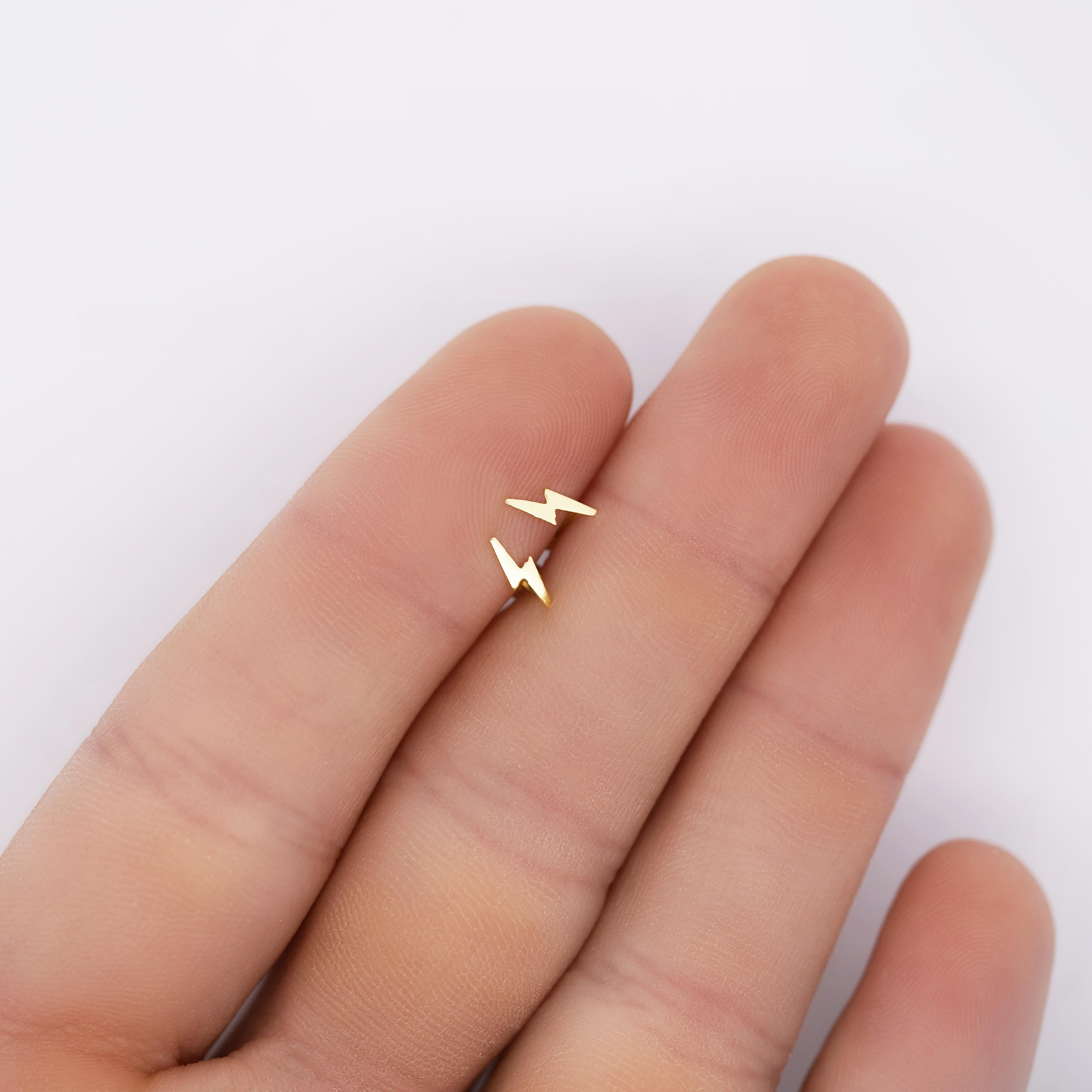 Modern 14K Solid Gold Lightning Bolt Dainty Stud Earrings in Screw Back Closure For Sale