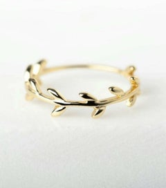 14k Solid Gold Minimalist Leaf Ring Band Valentines Girlfriend Branch Ring Gift.