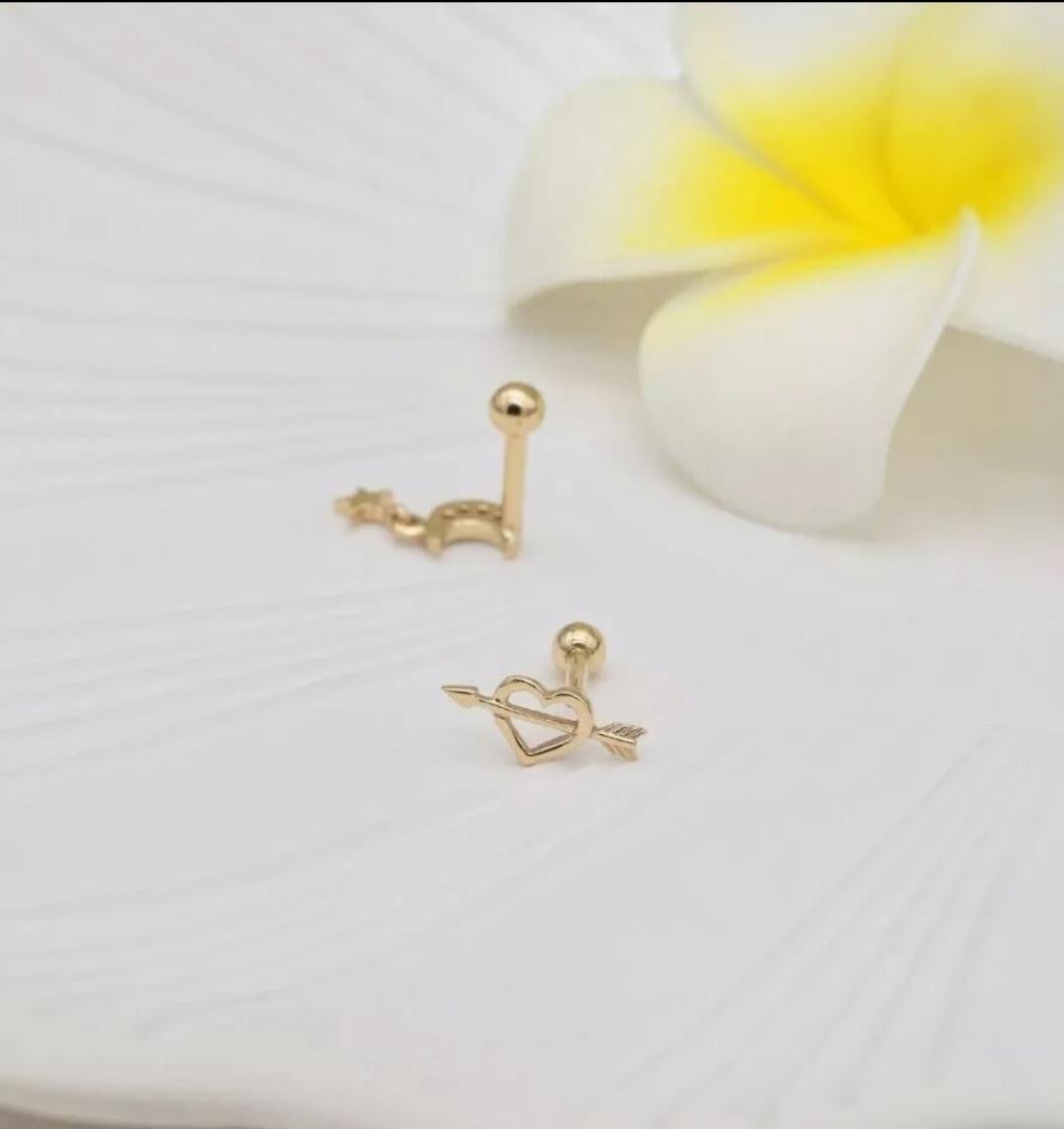 Art Deco 14K Solid Gold Moon Star Ear Piercings For Women Natural Diamond Screw Piercings For Sale
