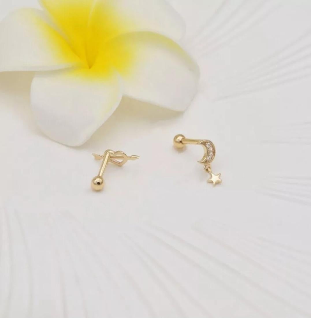 Round Cut 14K Solid Gold Moon Star Ear Piercings For Women Natural Diamond Screw Piercings For Sale