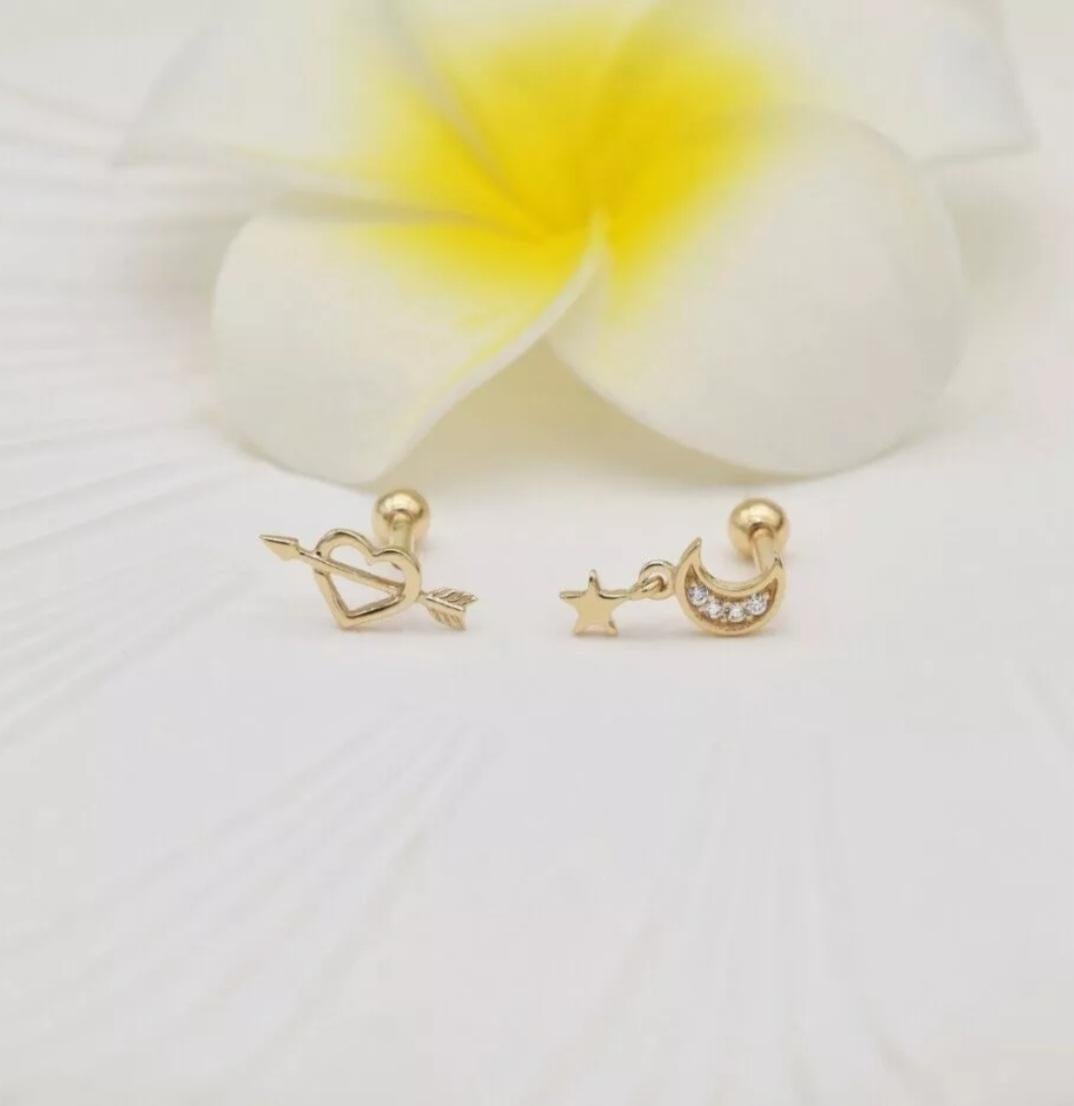 Women's or Men's 14K Solid Gold Moon Star Ear Piercings For Women Natural Diamond Screw Piercings For Sale
