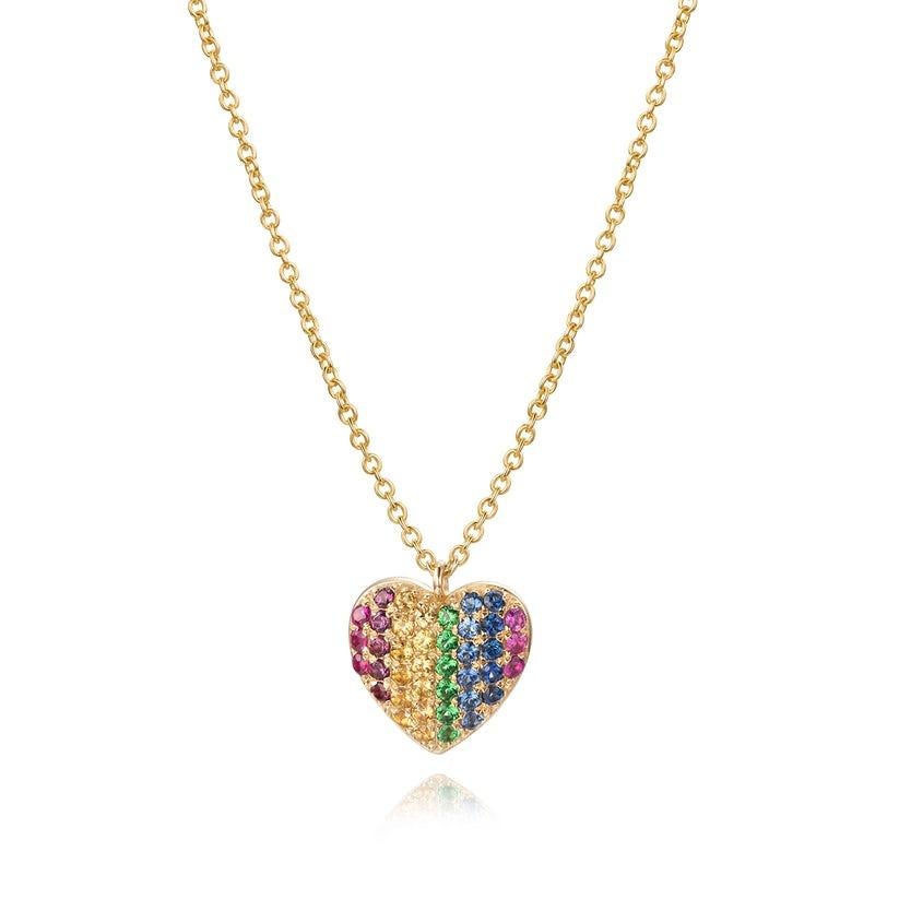 Heart Pave Round Multicolor Sapphire 14K Yellow Gold Necklace In New Condition For Sale In Los Angeles, CA