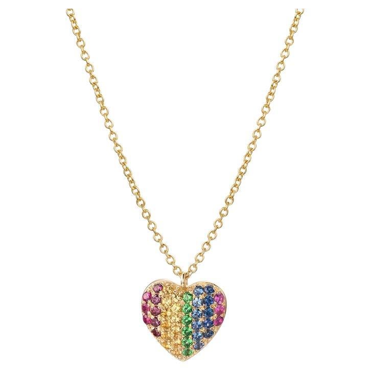 Heart Pave Round Multicolor Sapphire 14K Yellow Gold Necklace