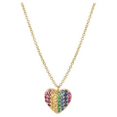 Collier en or jaune 14 carats avec saphirs ronds multicolores pavés en forme de cœur