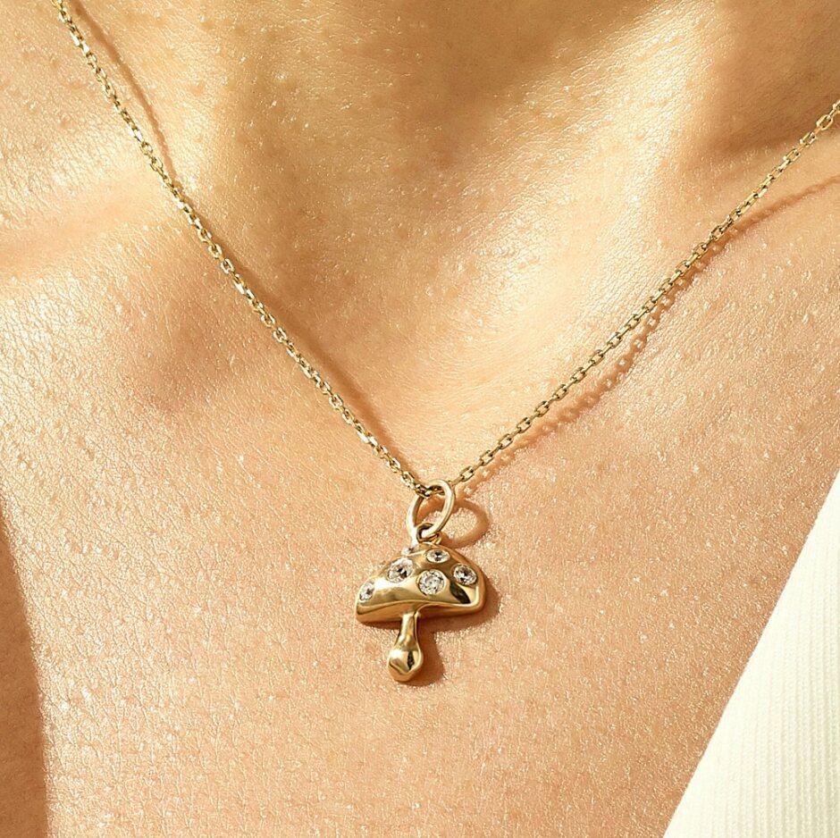 Victorian 14K Solid Gold Mushroom Pendant Tiny Mushroom Charm Necklace Diamond for gift  For Sale