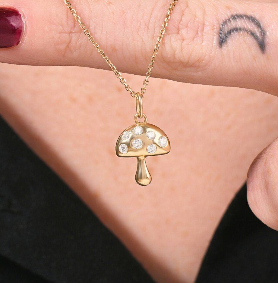 Round Cut 14K Solid Gold Mushroom Pendant Tiny Mushroom Charm Necklace Diamond for gift  For Sale