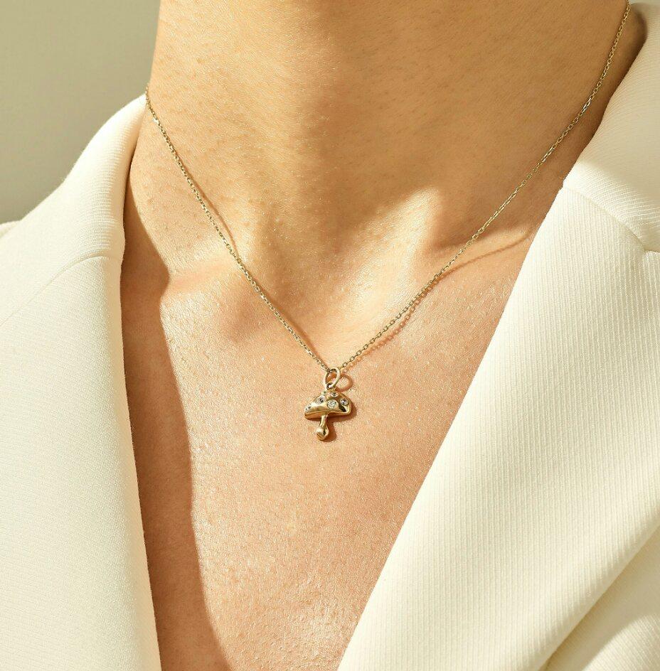 Victorian 14K Solid Gold Mushroom Pendant Tiny Mushroom Charm Necklace Diamond Necklaces. For Sale