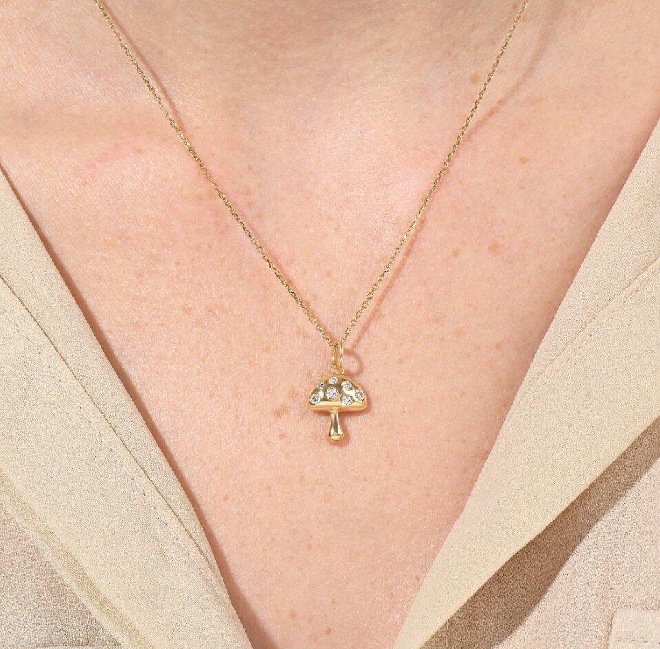 14K Solid Gold Mushroom Pendant Tiny Mushroom Charm Necklace Diamond Necklaces. For Sale 1