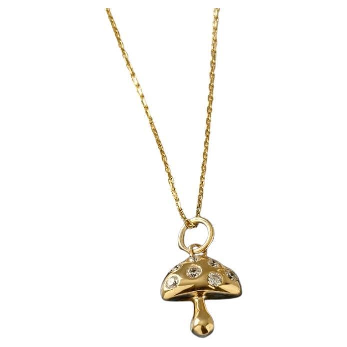 14K Solid Gold Mushroom Pendant Tiny Mushroom Charm Necklace Diamond Necklaces. For Sale