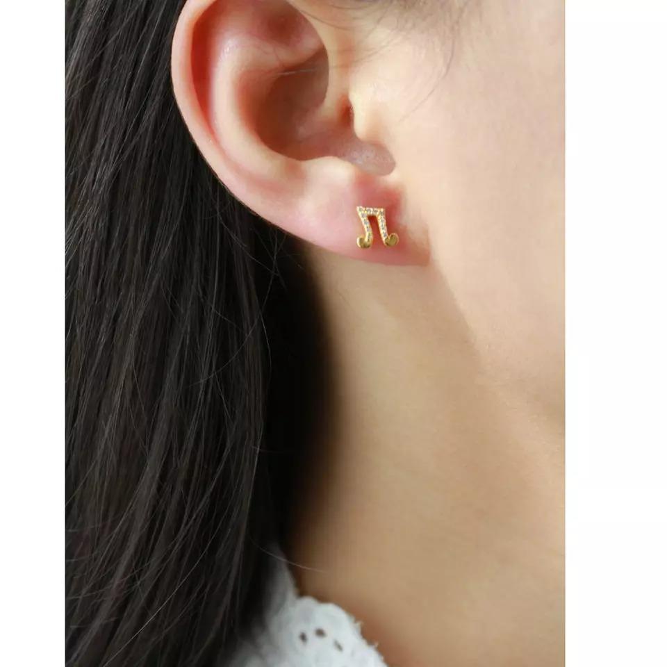 Round Cut 14K Solid Gold Music Note Stud Earrings Gold Diamond Music Lover Jewelry Gift For Sale