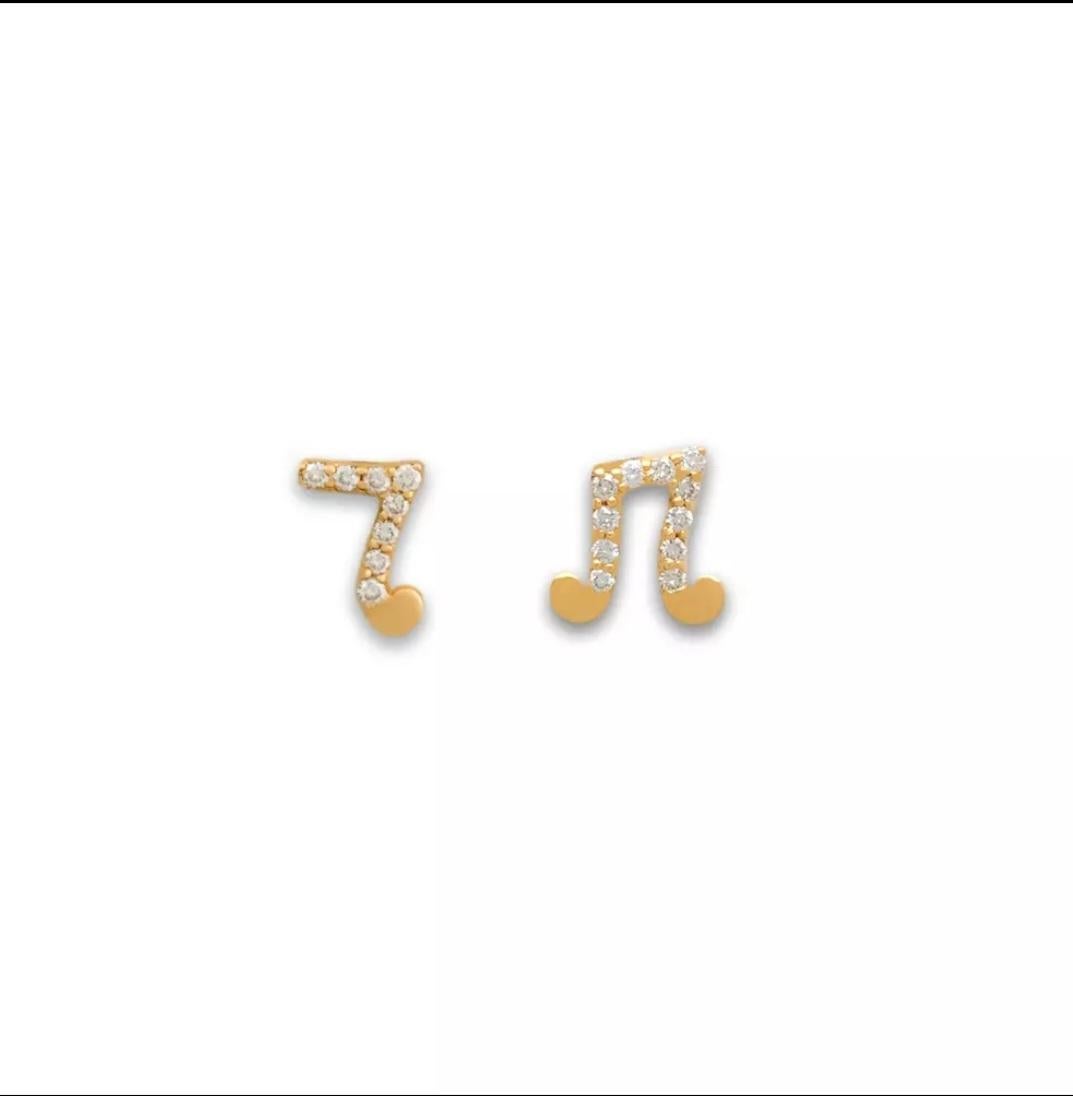 Round Cut 14K Solid Gold Music Note Stud Earrings Gold Diamond Music Lover Jewelry Gift. For Sale
