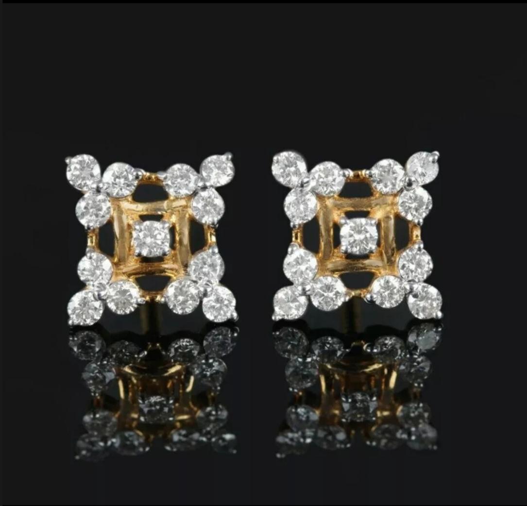 Art Deco 14K Solid Gold Natural Diamond Floral Stud Earring Handmade Earrings Gift. For Sale