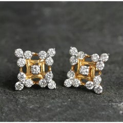14K Solid Gold Natural Diamond Floral Stud Handmade Earrings