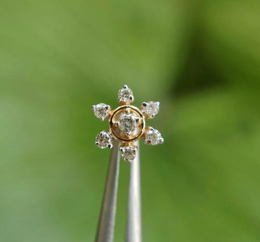 Art Deco 14k Solid Gold Natural Diamond Snowflake Flower Nose Stud Ring Wedding Nose Pins For Sale