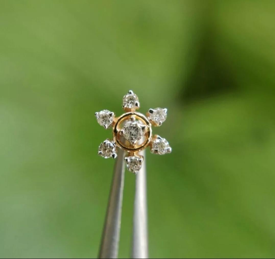 14k Solid Gold natürlichen Diamant Schneeflocke Blume Nase Ohrstecker Ring Hochzeit Nase Pins Damen im Angebot