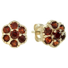14K Solid Gold Natural Garnet Cluster Vintage Style Stud Earrings