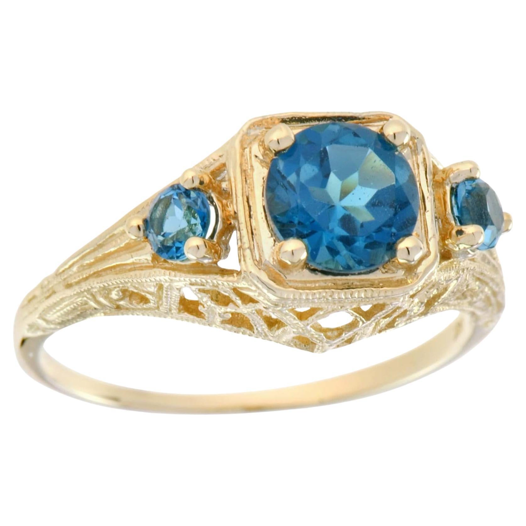 14K Solid Gold Natural London Blue Topaz Vintage Style Filigree Three Stone Rin