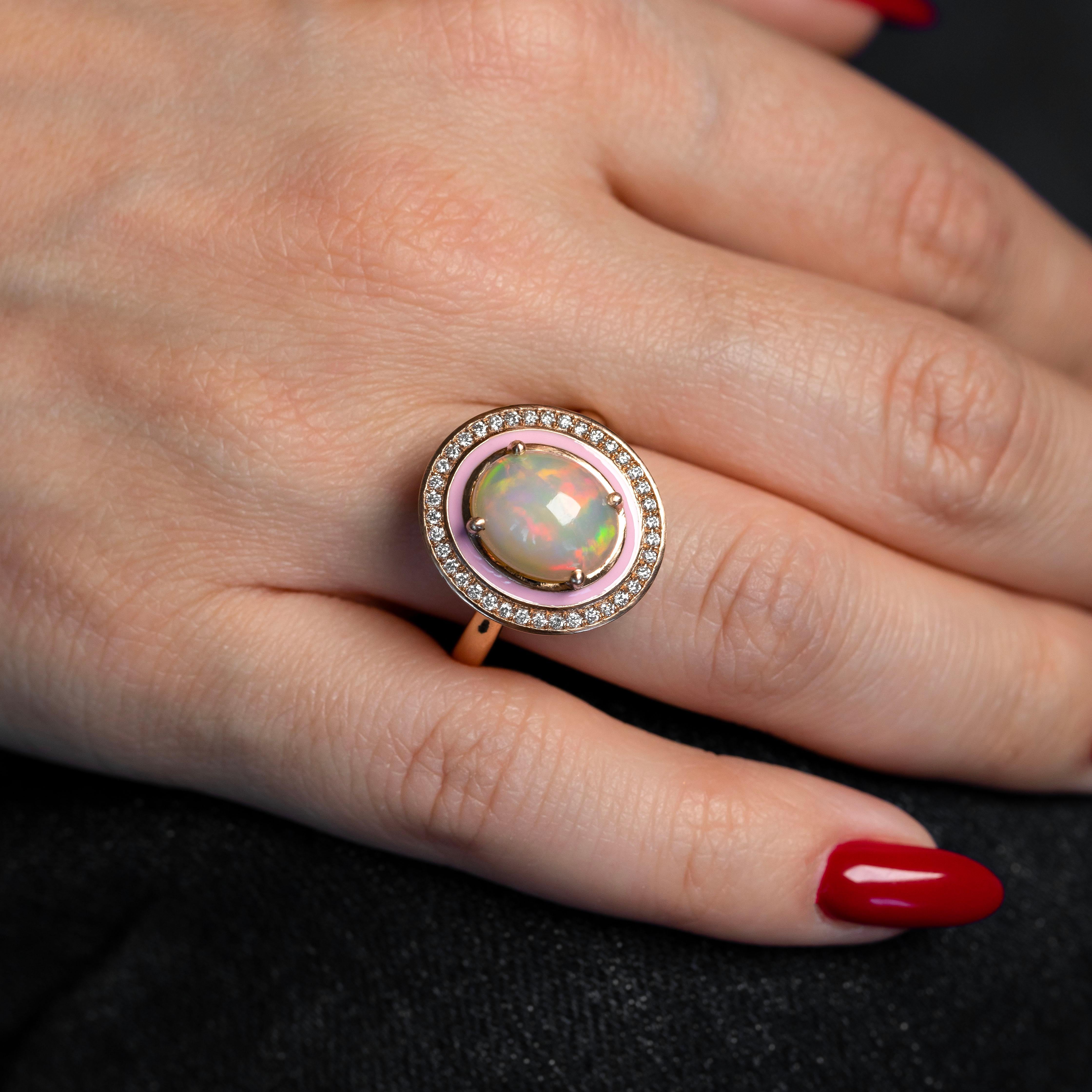 Anillo de ópalo natural de oro macizo de 14 quilates, Anillo de diamantes, Joyas de piedras preciosas de ópalo natural Corte oval en venta