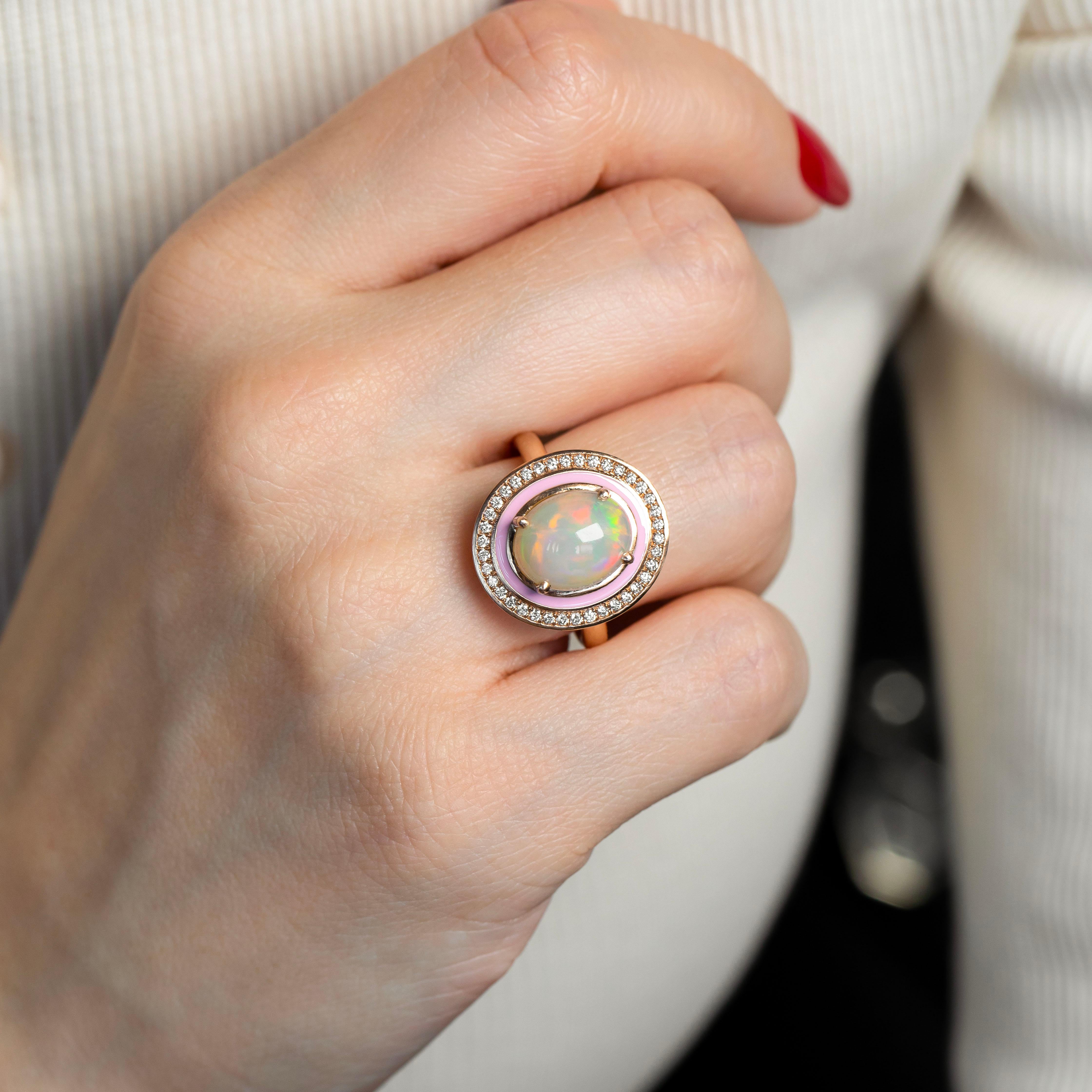 Anillo de ópalo natural de oro macizo de 14 quilates, Anillo de diamantes, Joyas de piedras preciosas de ópalo natural Art Decó en venta