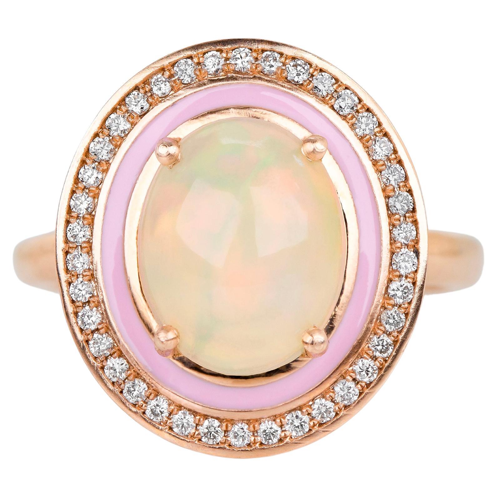 14k Solid Gold Natural Opal Ring, Diamond Ring, Natural Opal Gemstone Jewelry