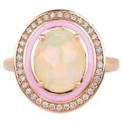 Anillo de ópalo natural de oro macizo de 14 quilates, Anillo de diamantes, Joyas de piedras preciosas de ópalo natural