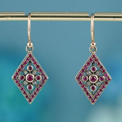 14K Yellow Gold Ruby and Diamond Geometric Drop Earrings