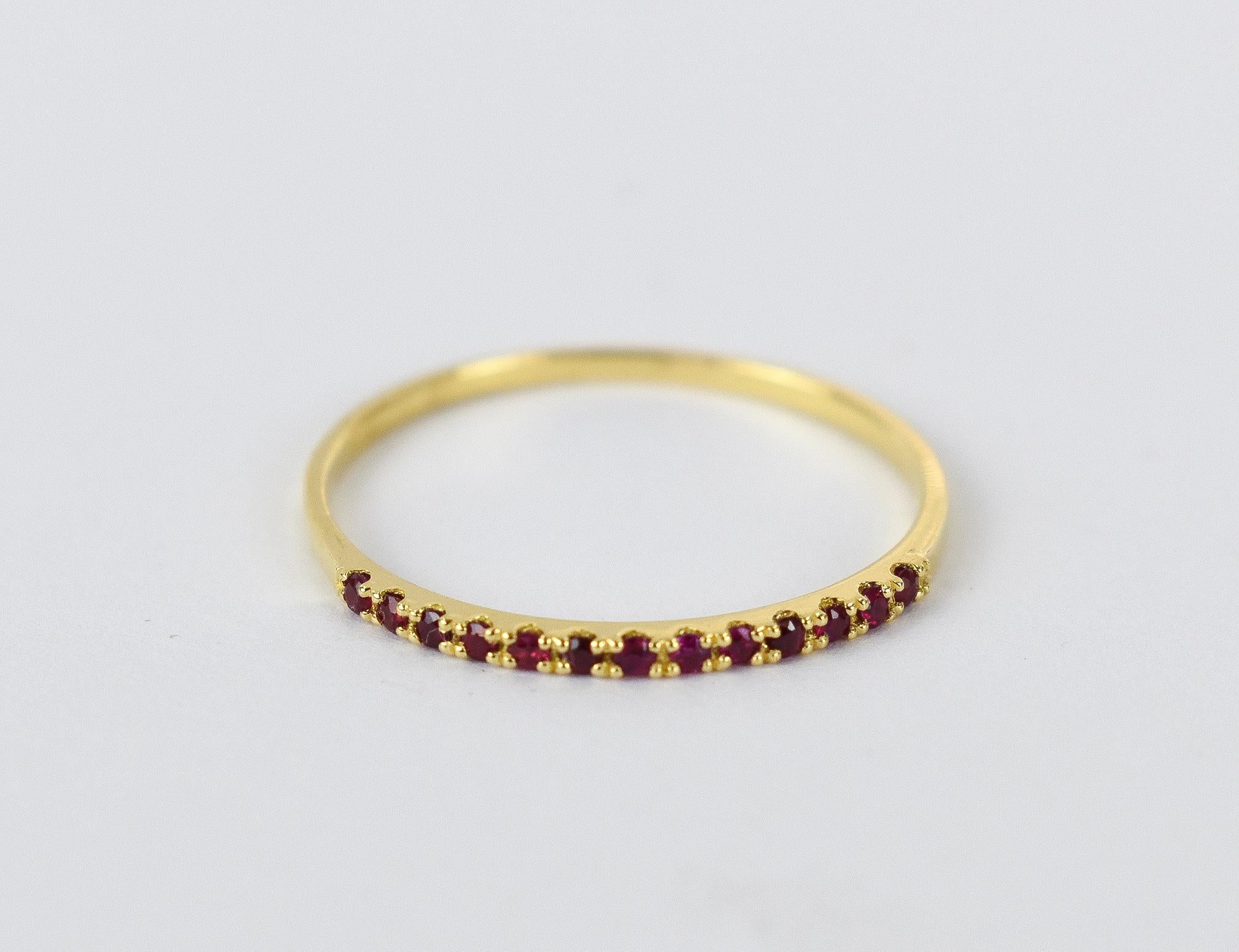 For Sale:  14k Solid Gold Natural Ruby Half Eternity Ring July Birth Stone Ring 2