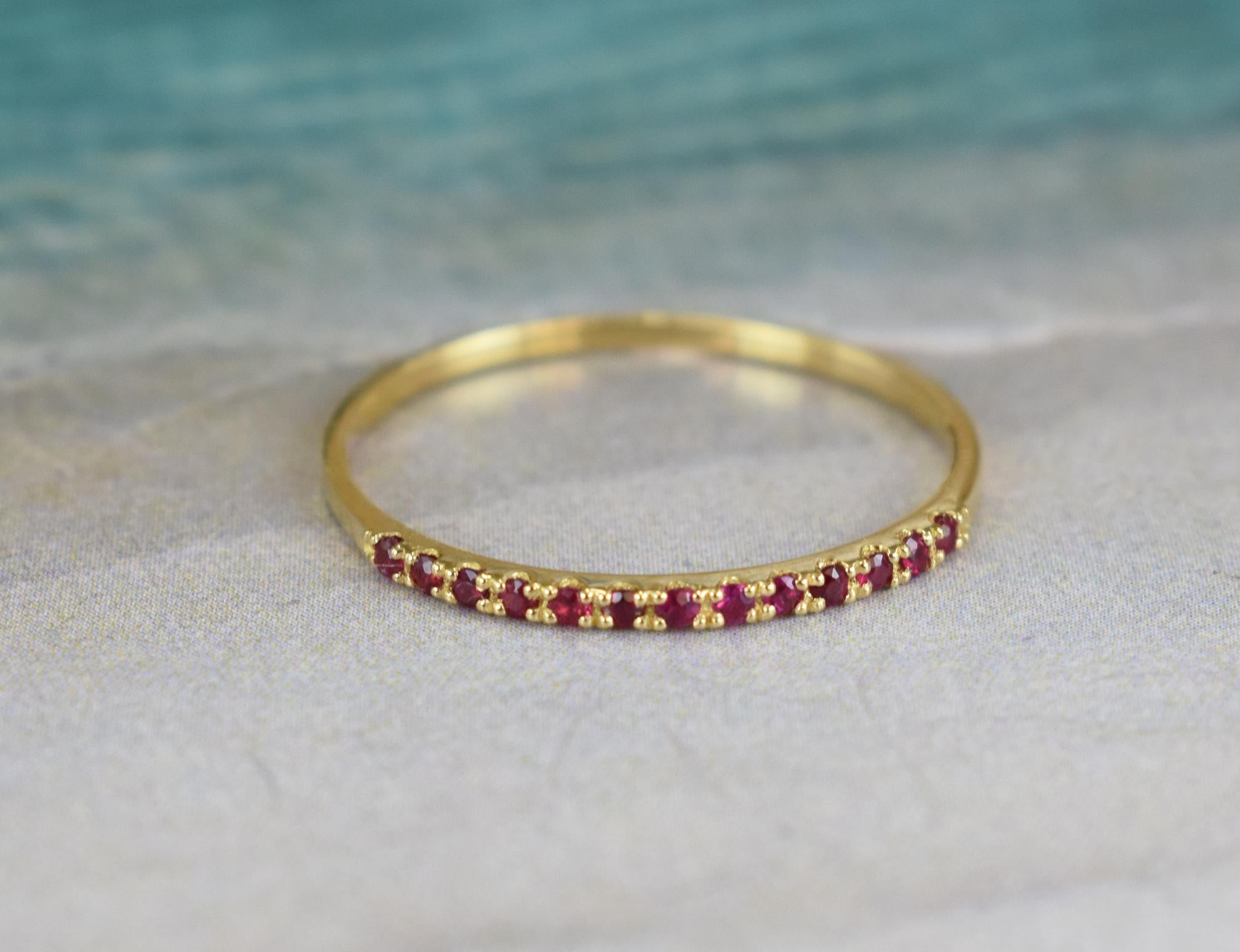For Sale:  14k Solid Gold Natural Ruby Half Eternity Ring July Birth Stone Ring 5