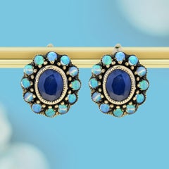 14K Solid Gold Natural Sapphire and Opal Vintage Style Floral Lever Back Earring
