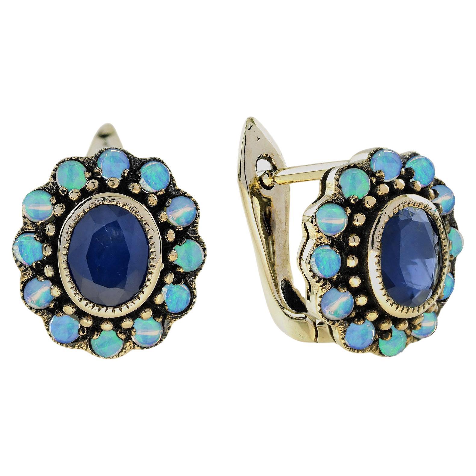 14K massivem Gold natürlichen Saphir und Opal Vintage-Stil floralen Hebel zurück Ohrring im Angebot