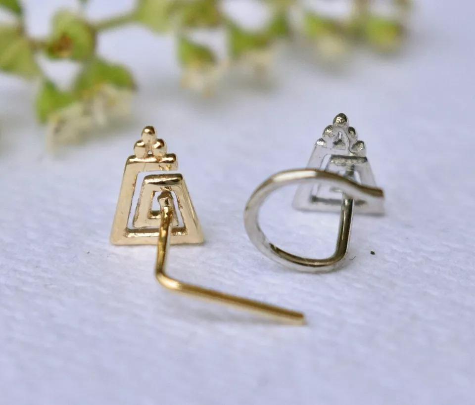 Art Deco 14k Solid Gold Nose Pin Trapezium Spiral Nose Stud Geometric Body Piercing Ring. For Sale