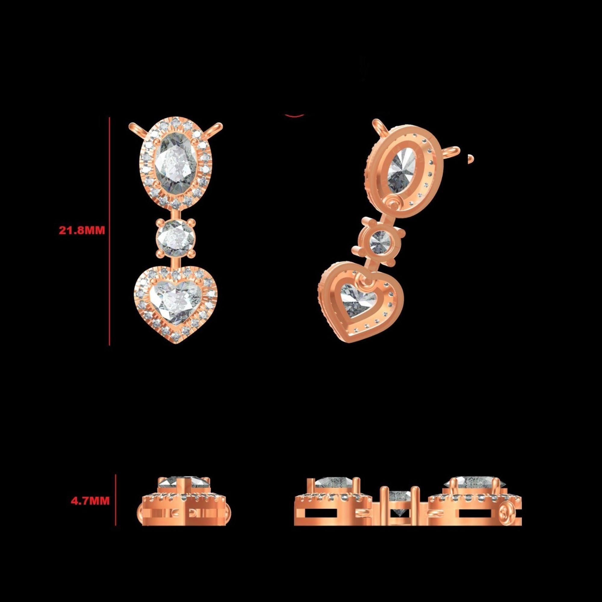 Collier à trois pierres en or massif 14K avec cœur ovale et diamants (certifié) en vente 2