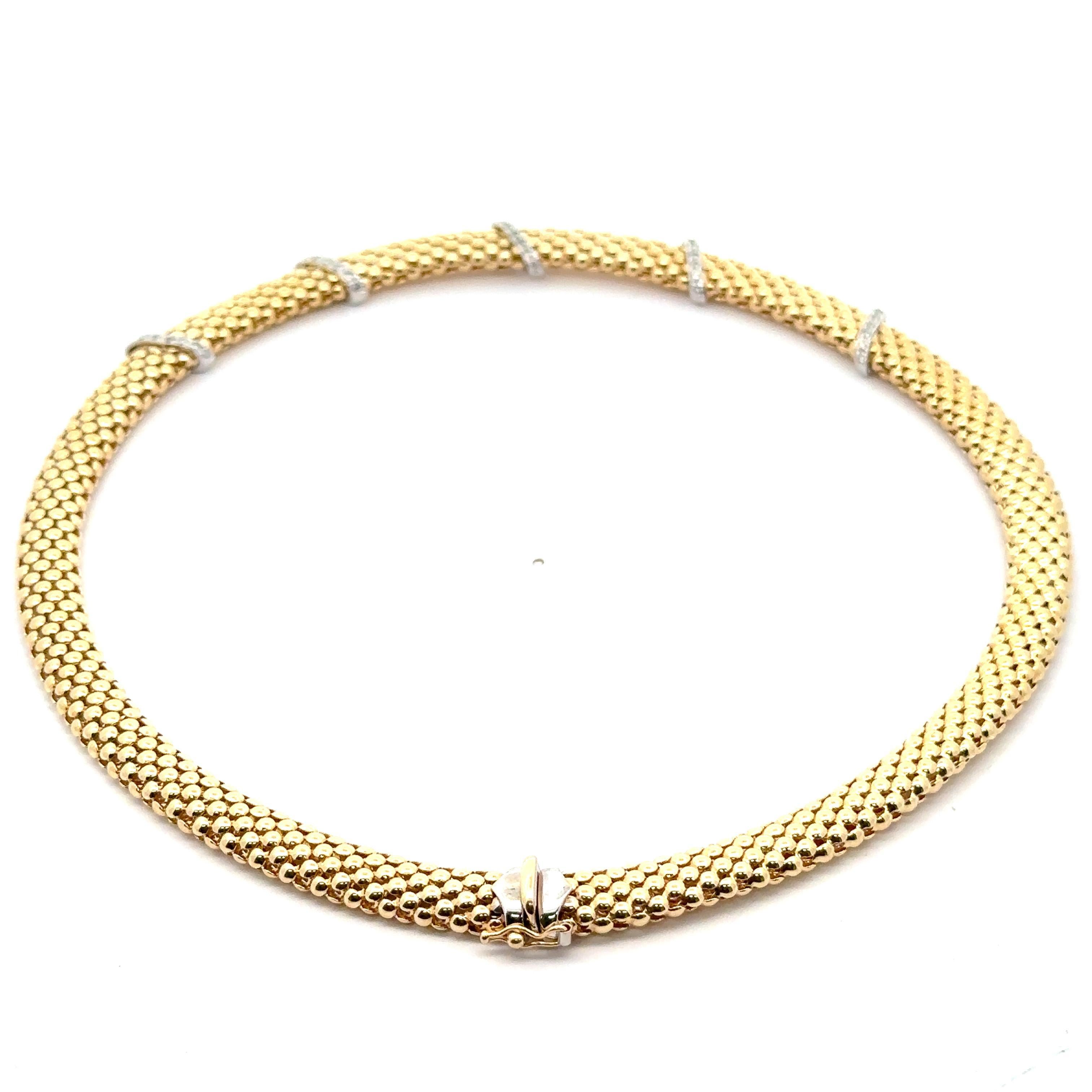 14k Solid Gold Pave Diamond Stationen breite Perlen Popcorn Link Choker Halskette im Angebot 1
