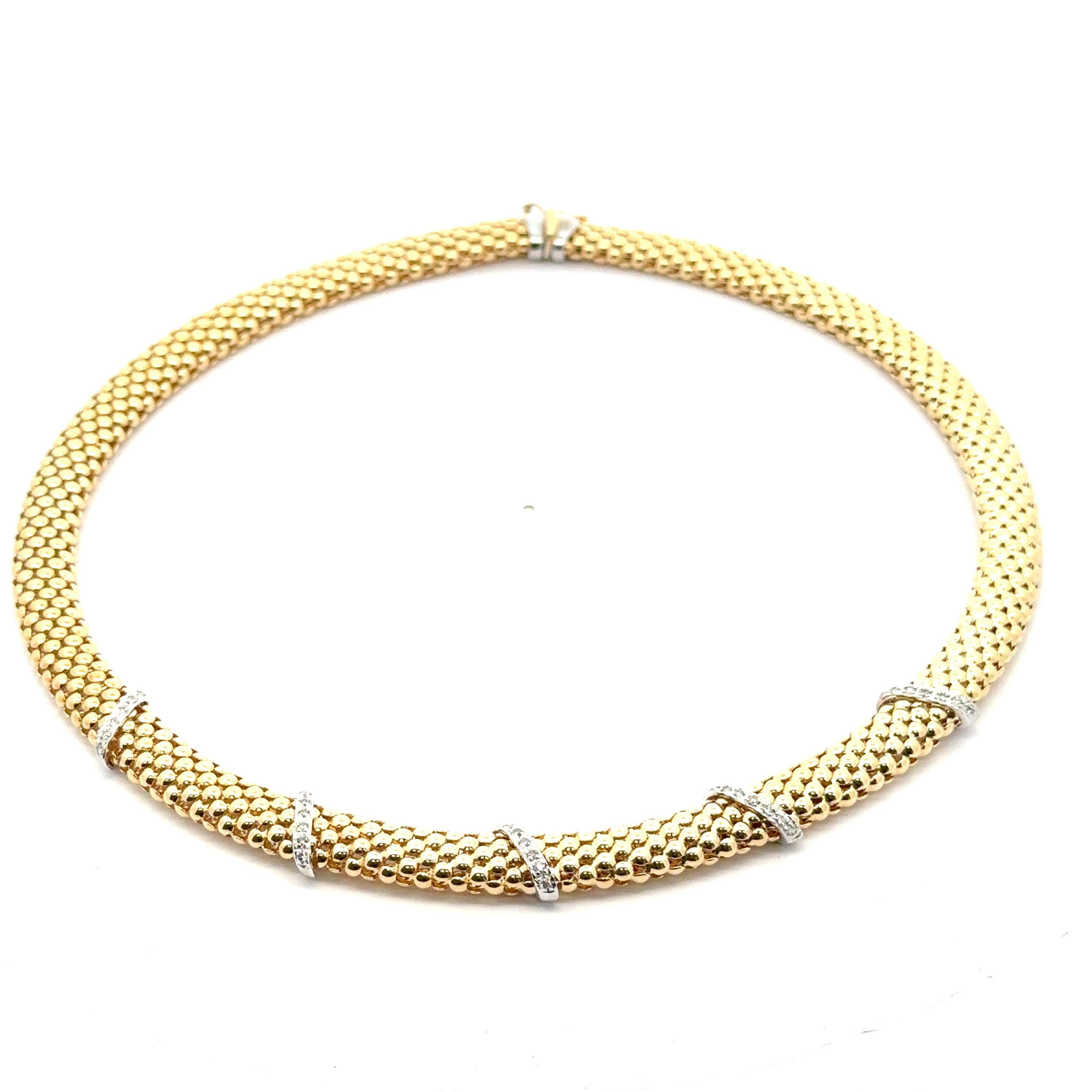 14k Solid Gold Pave Diamond Stationen breite Perlen Popcorn Link Choker Halskette im Angebot 2