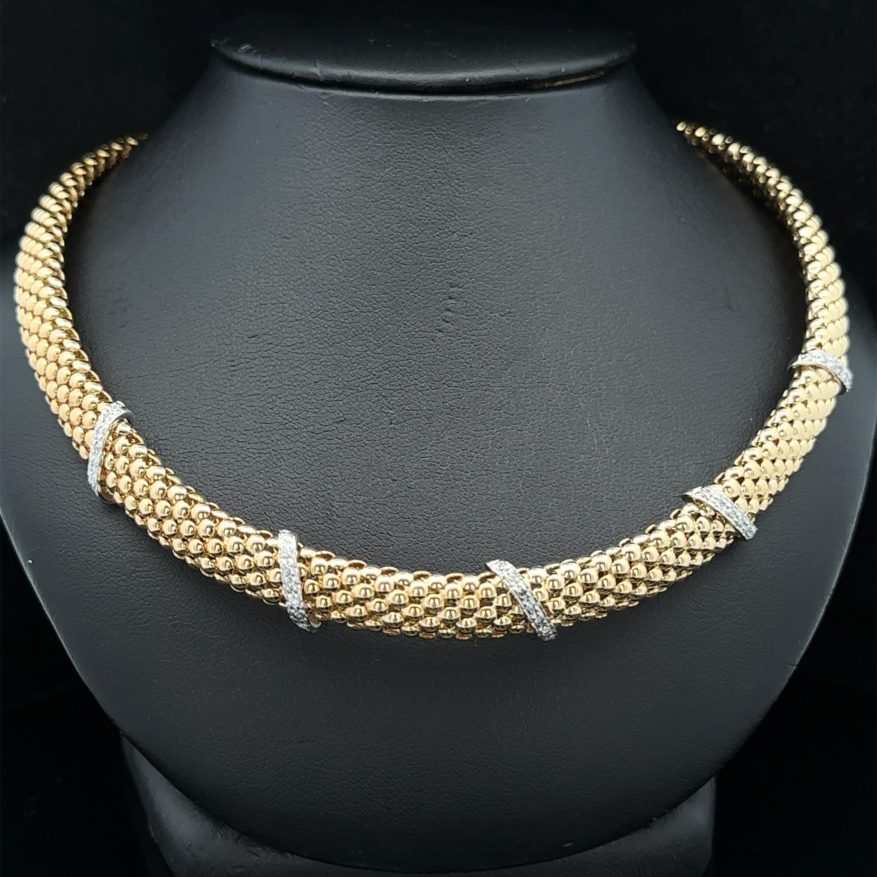 14k Solid Gold Pave Diamond Stationen breite Perlen Popcorn Link Choker Halskette im Angebot 3
