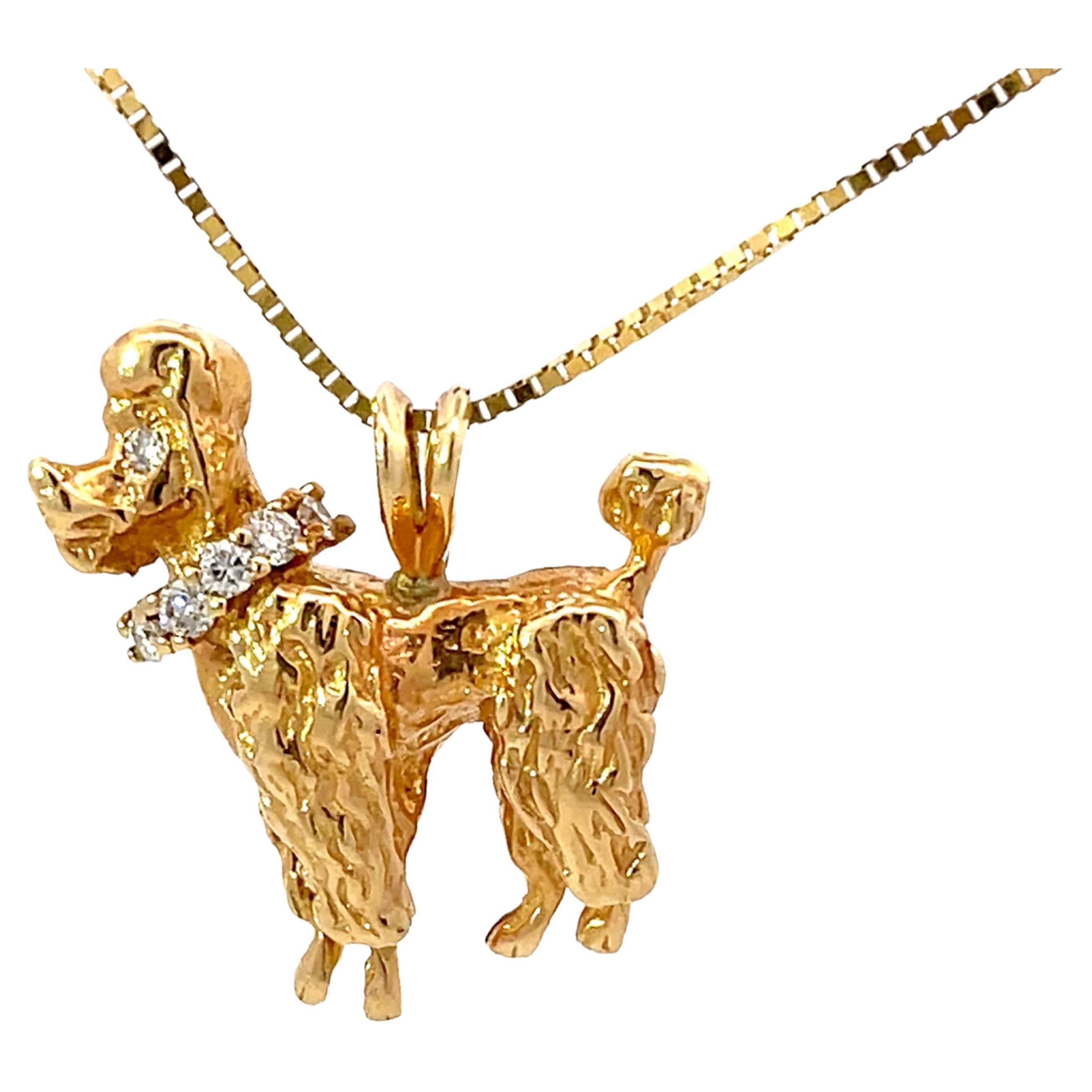 14K Solid Gold Poodle Diamond Dog Necklace For Sale