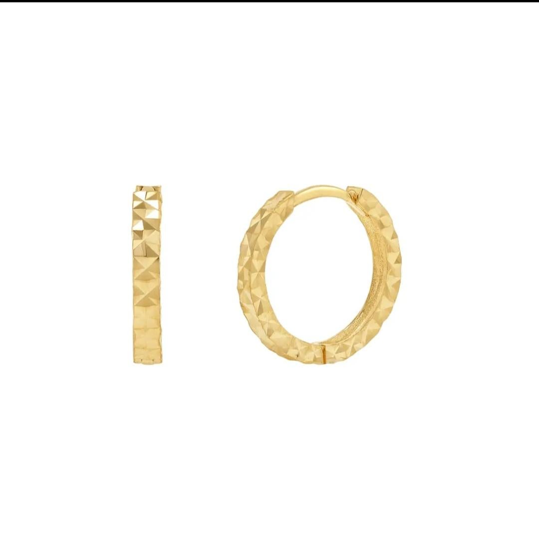 14K Solid Gold Prism Diamond Cut Huggie Earrings For Women Minimalist Hoops For Sale 1