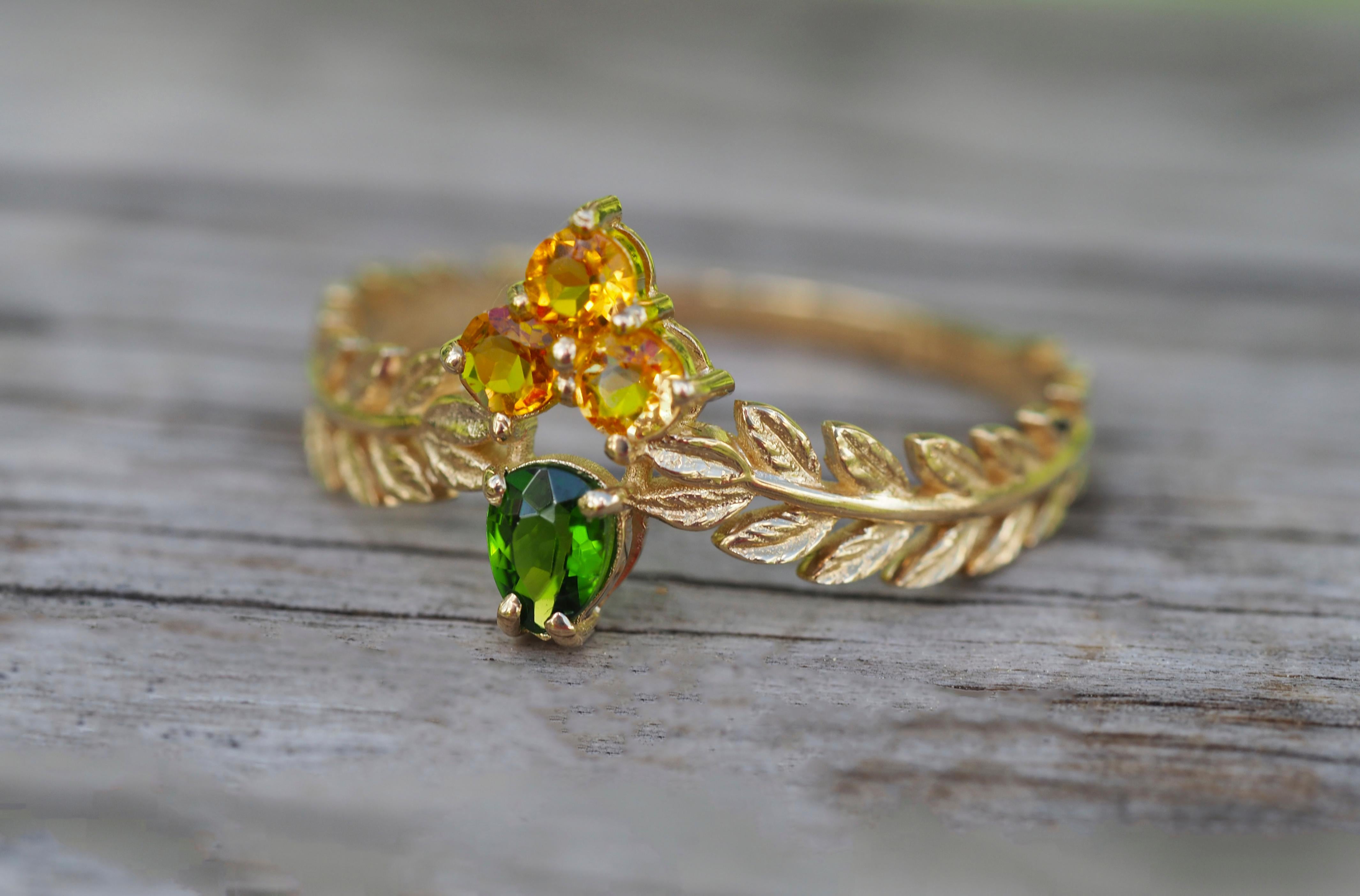 For Sale:  14k Solid Gold Ring with Chrome Diopside and Sapphires 10