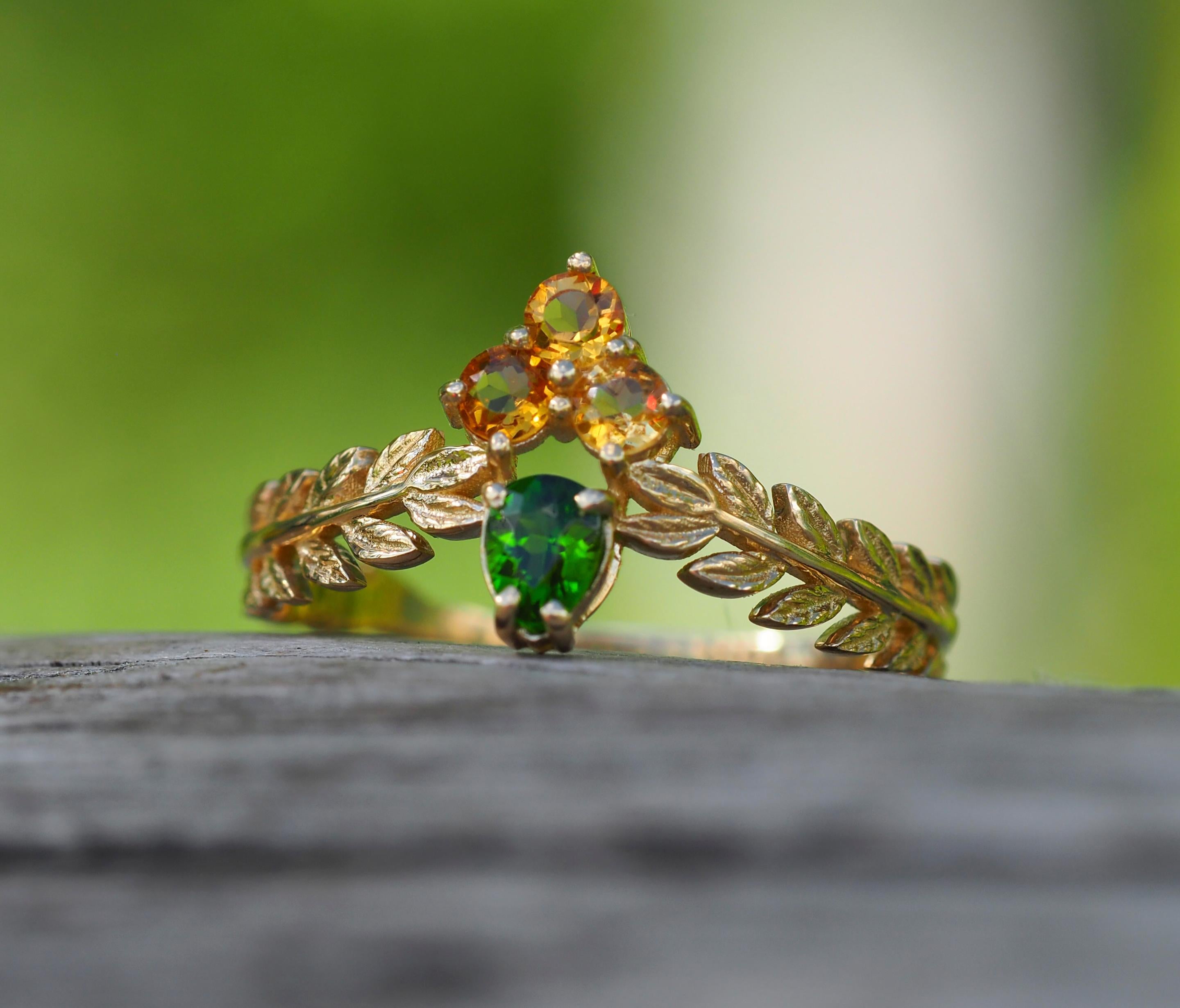 For Sale:  14k Solid Gold Ring with Chrome Diopside and Sapphires 11