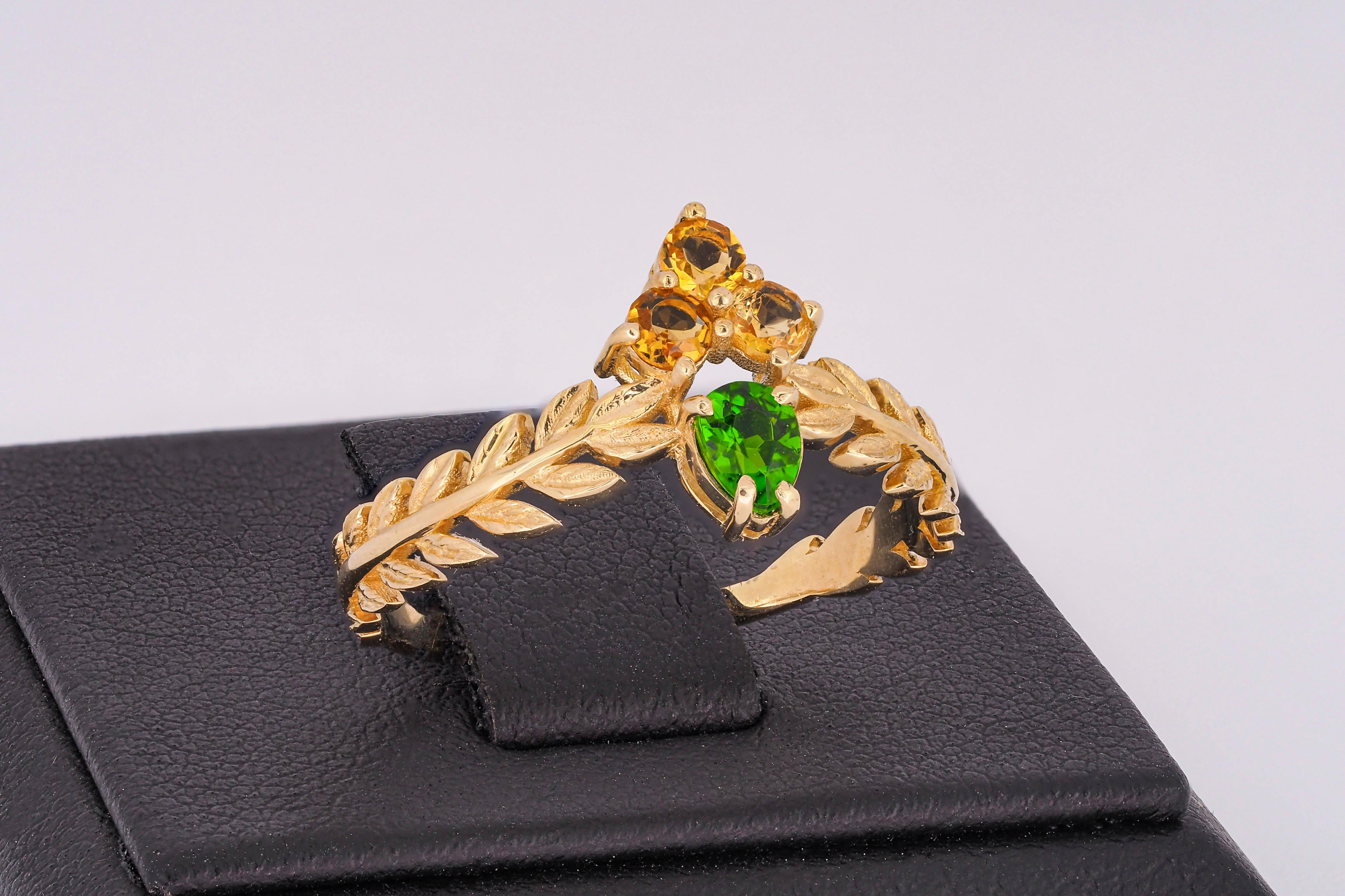 For Sale:  14k Solid Gold Ring with Chrome Diopside and Sapphires 7