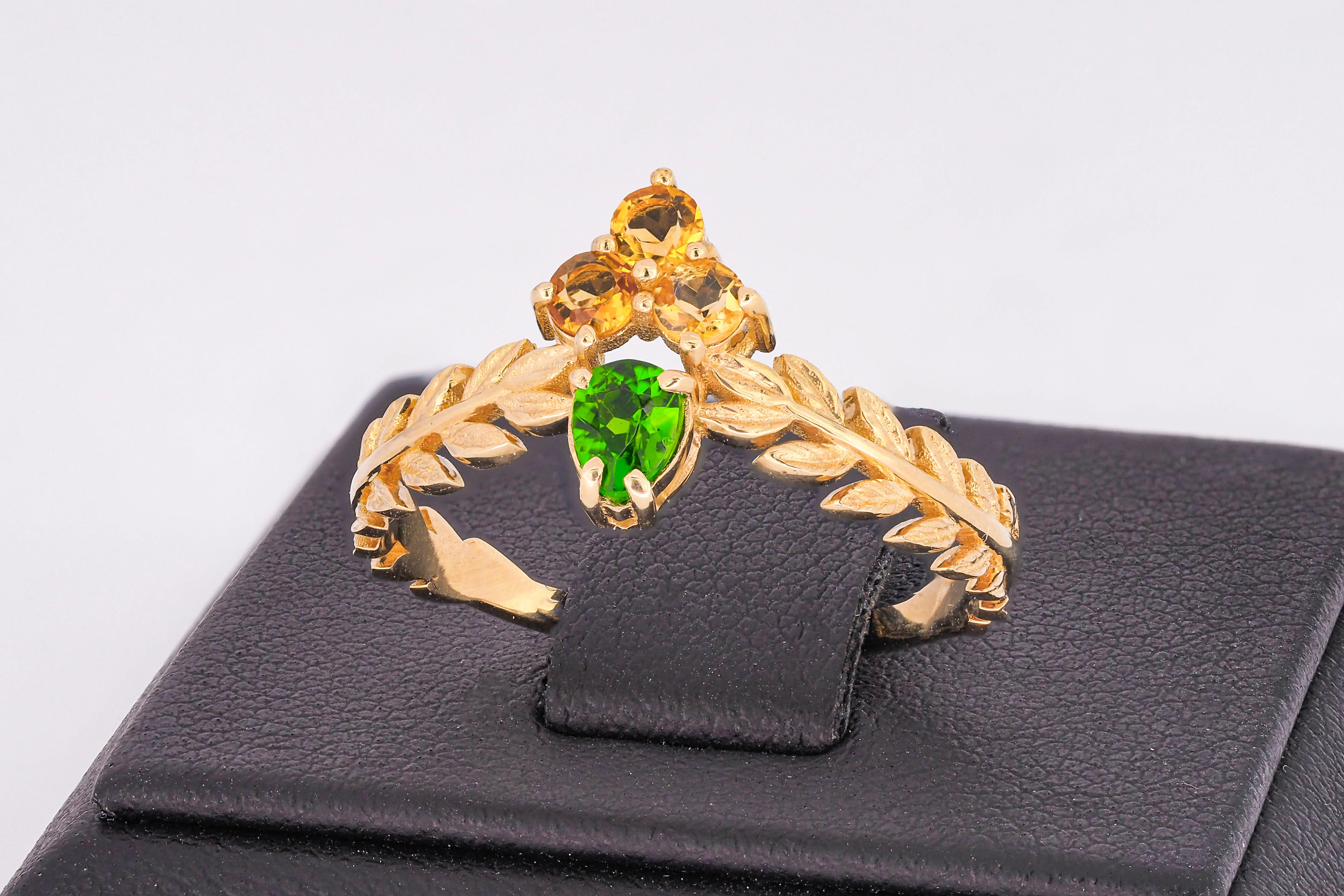For Sale:  14k Solid Gold Ring with Chrome Diopside and Sapphires 8