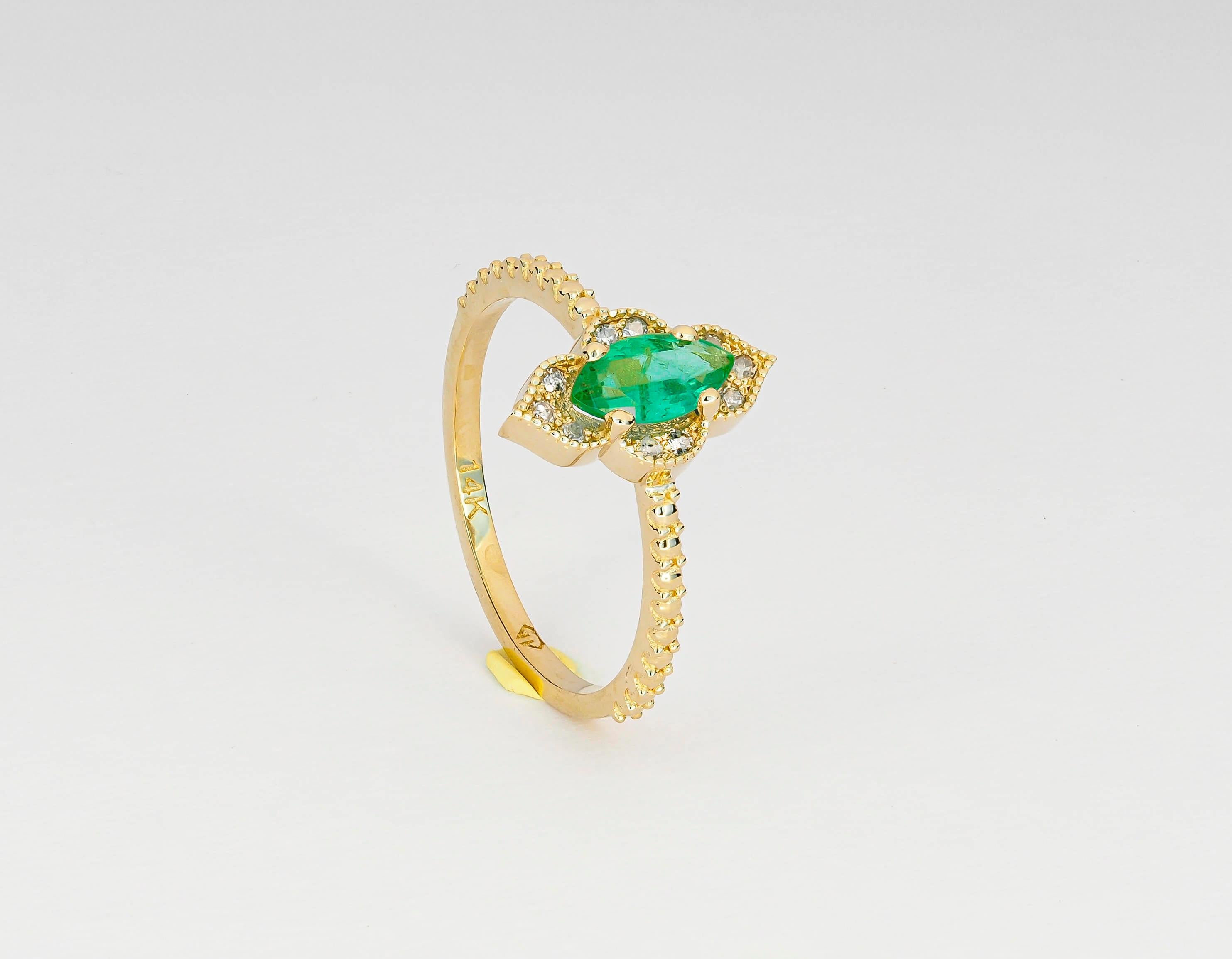 For Sale:  14k Gold Ring with Marquise Emerald and Diamonds 2