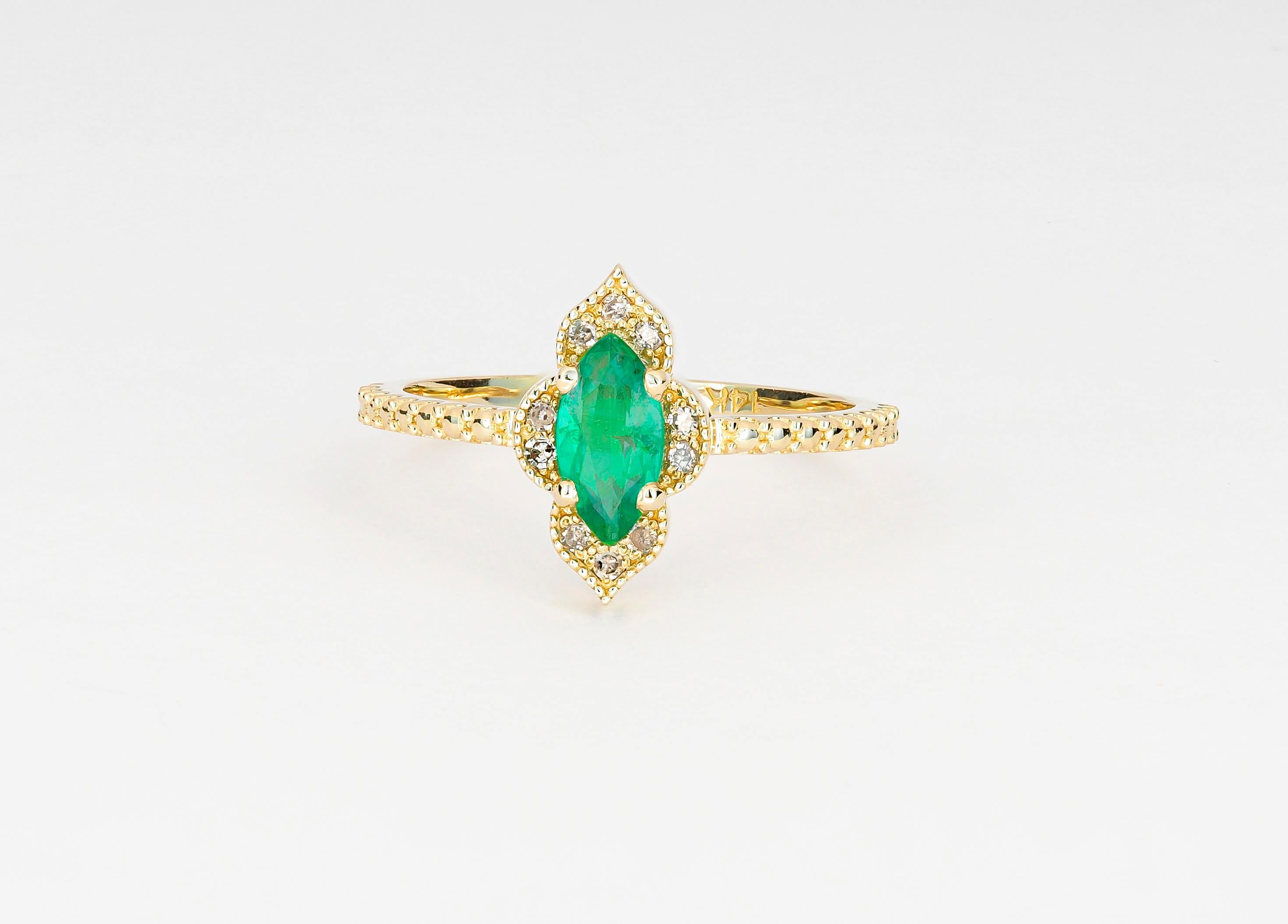 For Sale:  14k Gold Ring with Marquise Emerald and Diamonds 5
