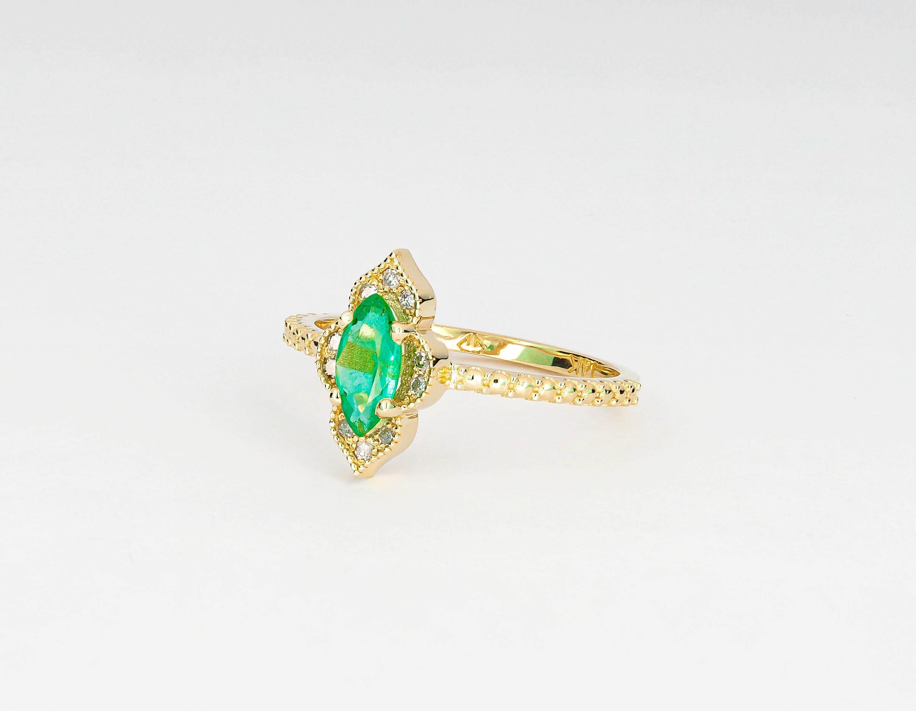 For Sale:  14k Gold Ring with Marquise Emerald and Diamonds 8