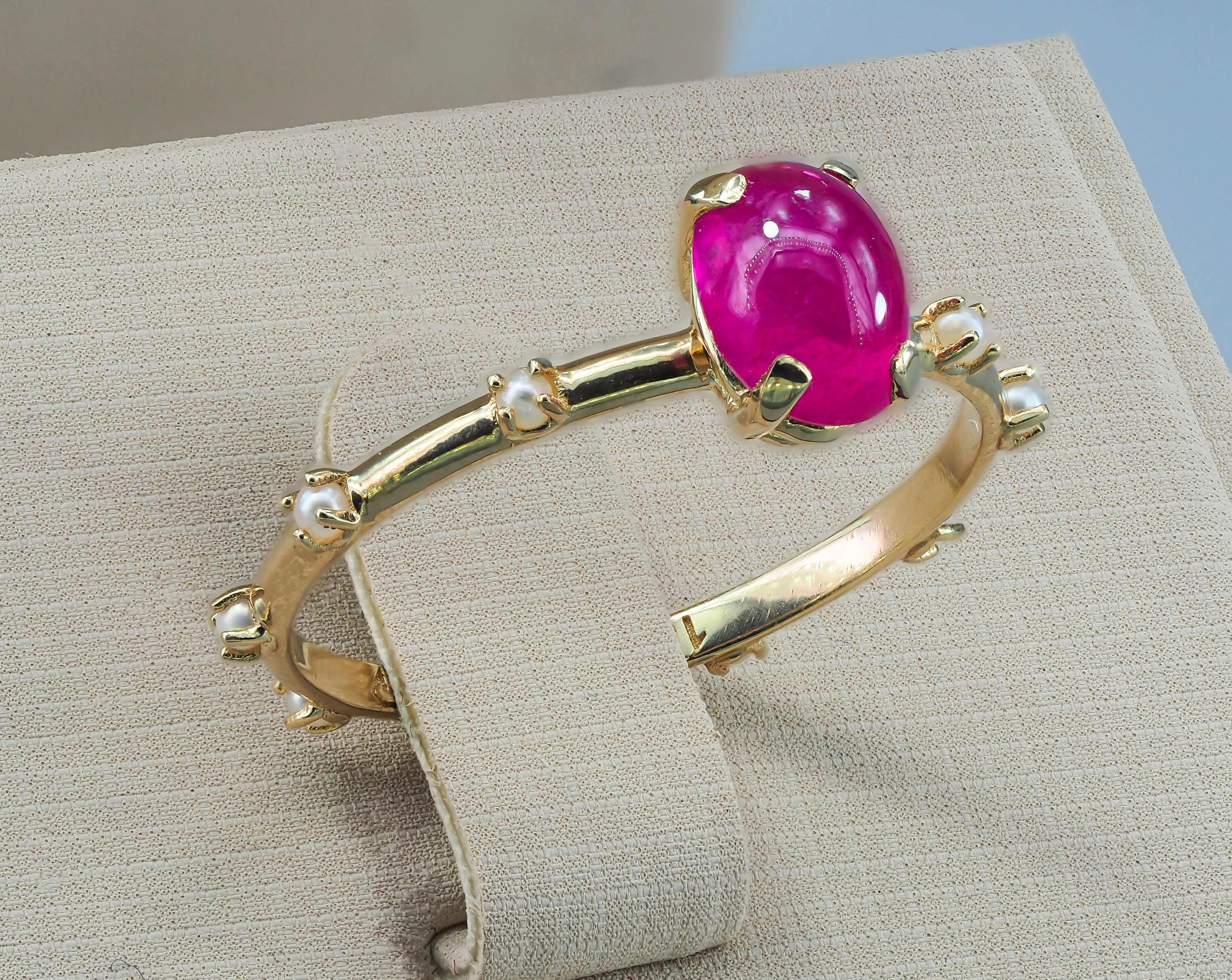 Cabochon Rubin,  Perlen 14k Gold Ring () 2