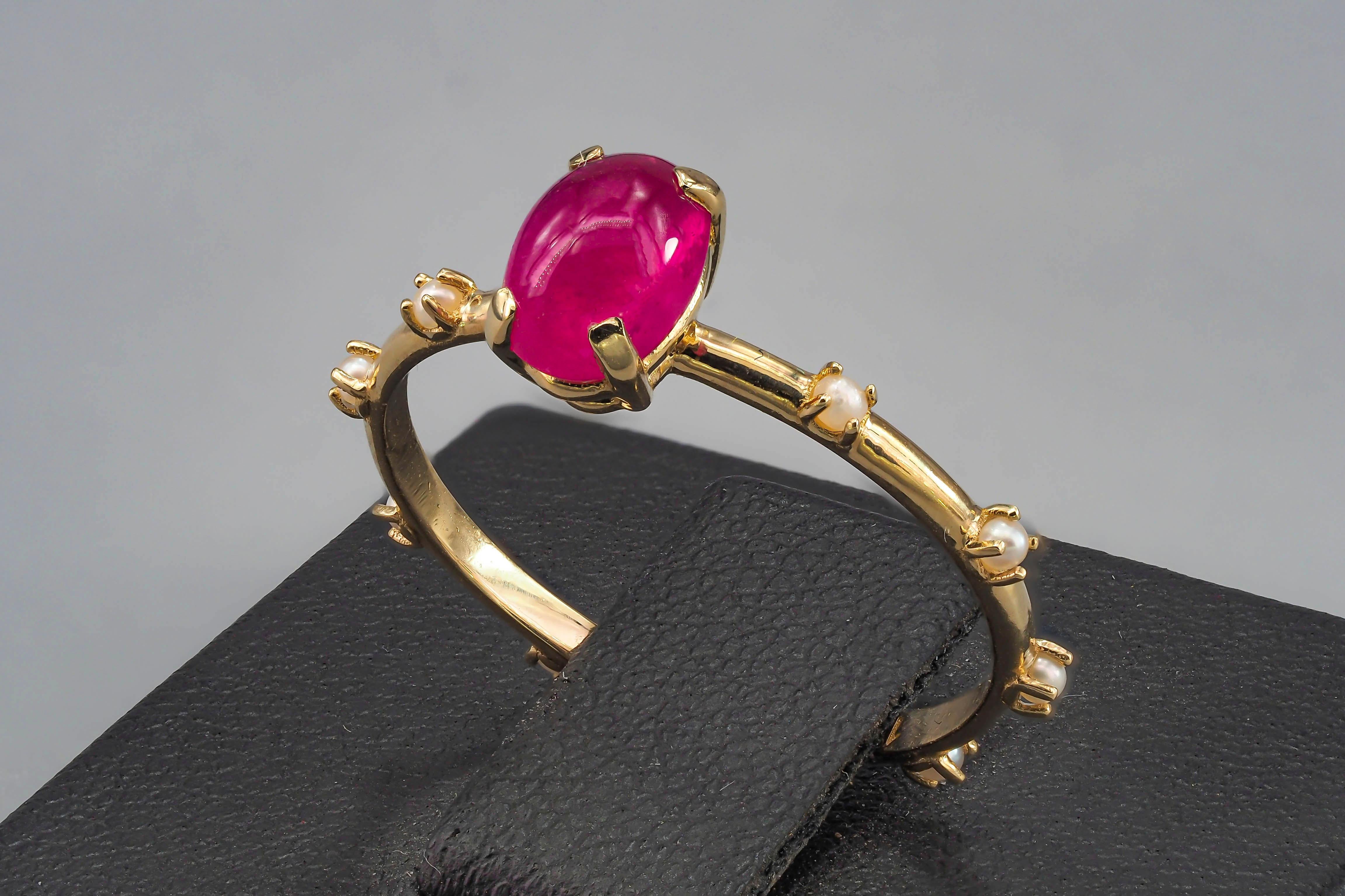 Cabochon Rubin,  Perlen 14k Gold Ring () 5