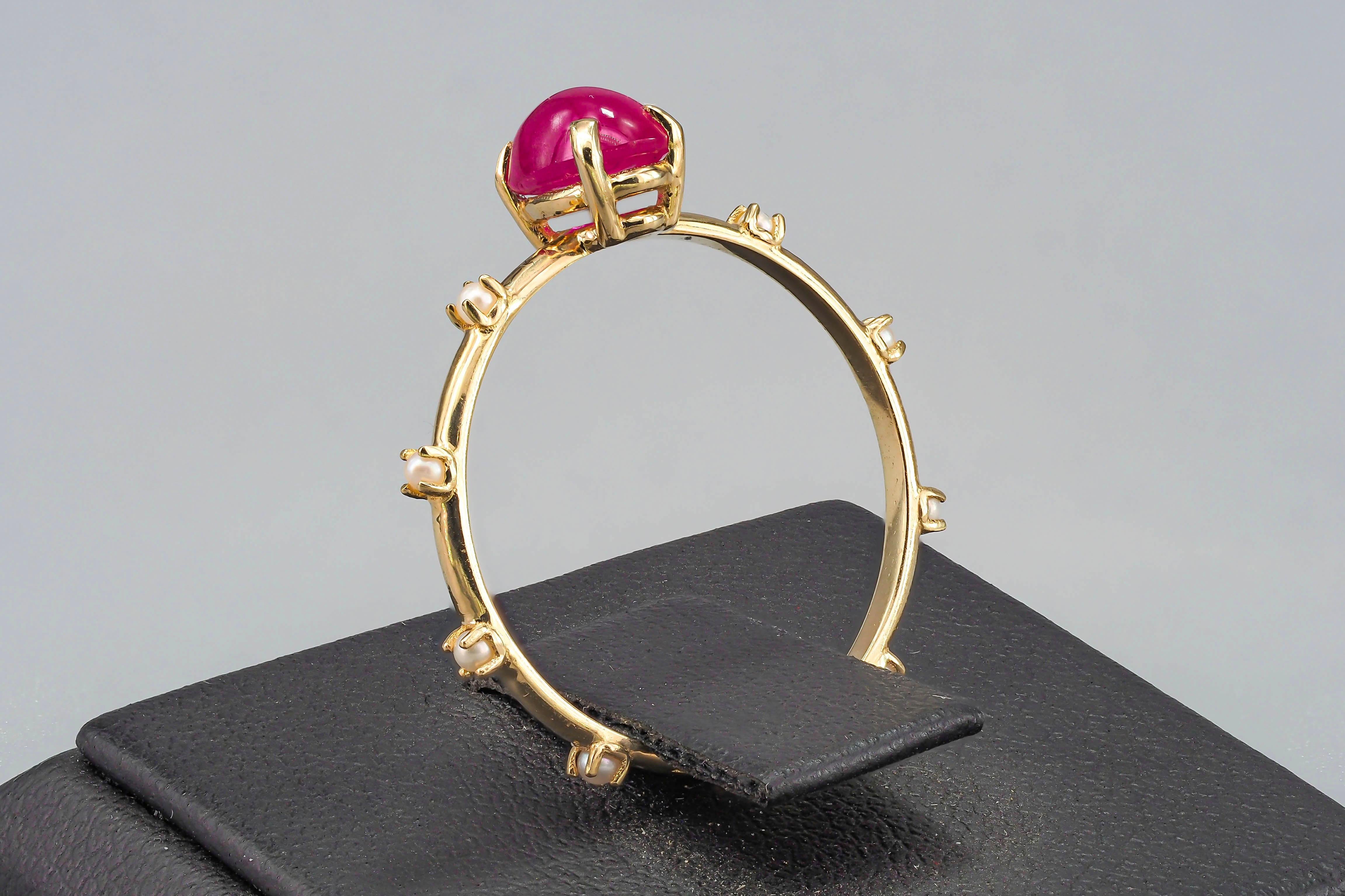 Cabochon Rubin,  Perlen 14k Gold Ring () 6