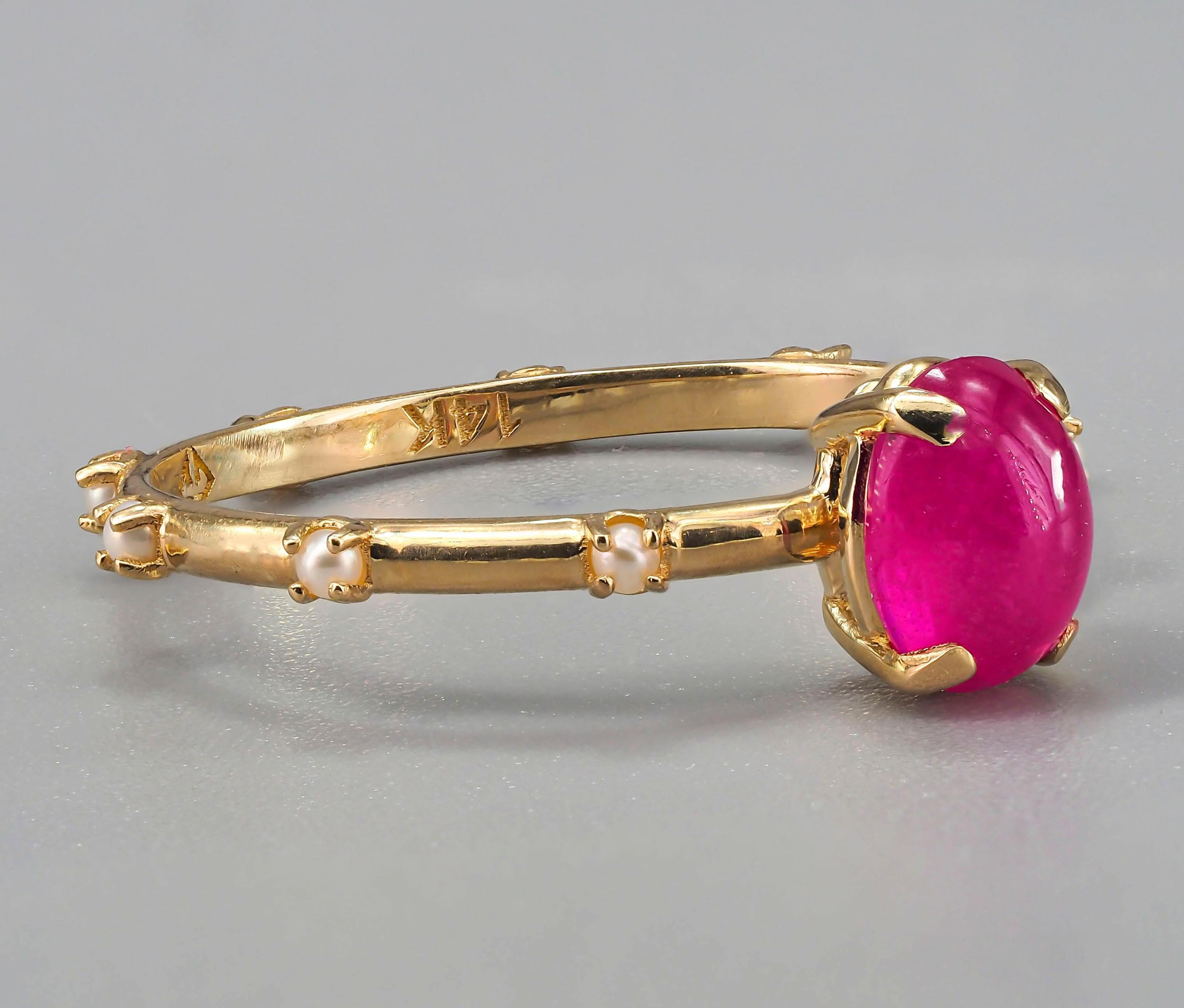 Cabochon Rubin,  Perlen 14k Gold Ring () 7